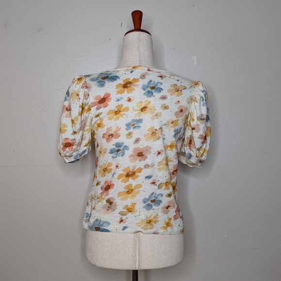 By Anthropologie Floral Puff-Sleeve Scoop-Neck Top Size Small - Picture 5 of 8